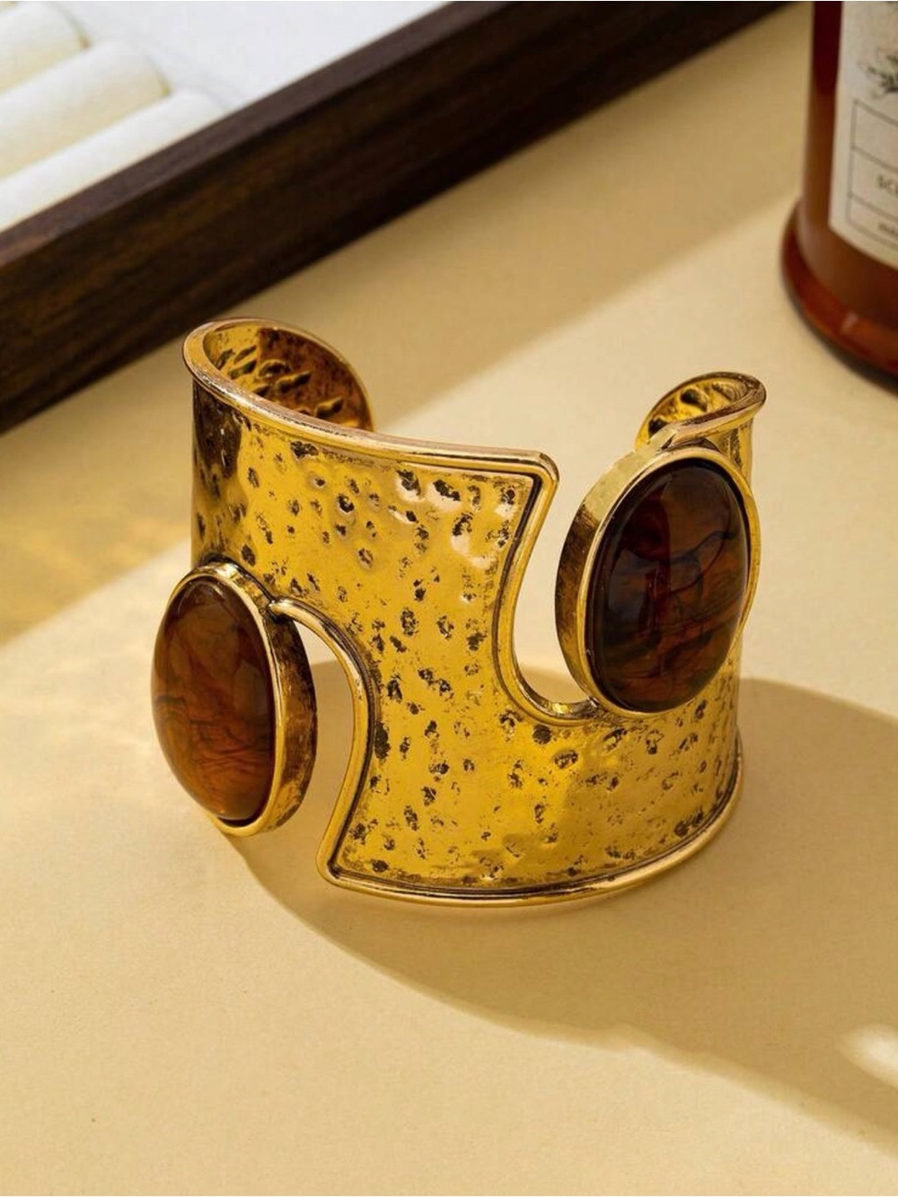 New Arrivals! Gold-Tone Hammered Cuff Bracelet with Amber Stones